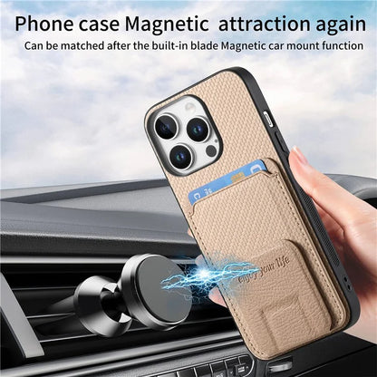C1-11 for iPhone 16 Pro Max Case Card Holder Carbon Fiber Texture Leather Coated TPU Phone Cover
