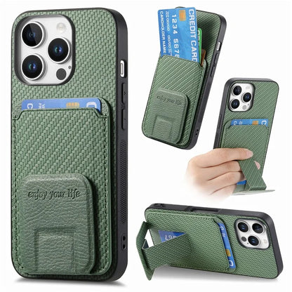 C1-11 for iPhone 16 Pro Max Case Card Holder Carbon Fiber Texture Leather Coated TPU Phone Cover