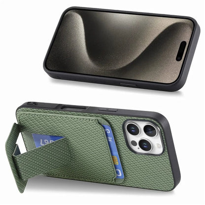 C1-11 for iPhone 16 Pro Max Case Card Holder Carbon Fiber Texture Leather Coated TPU Phone Cover