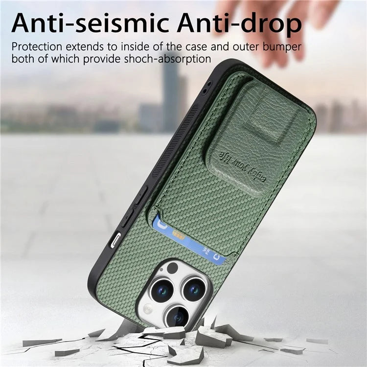 C1-11 for iPhone 16 Pro Max Case Card Holder Carbon Fiber Texture Leather Coated TPU Phone Cover