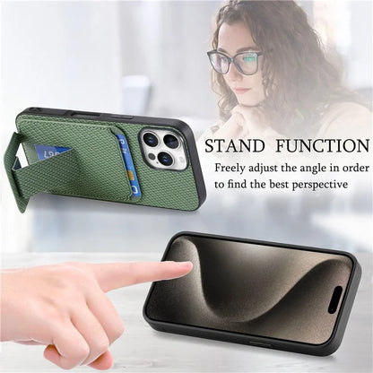 C1-11 for iPhone 16 Pro Max Case Card Holder Carbon Fiber Texture Leather Coated TPU Phone Cover