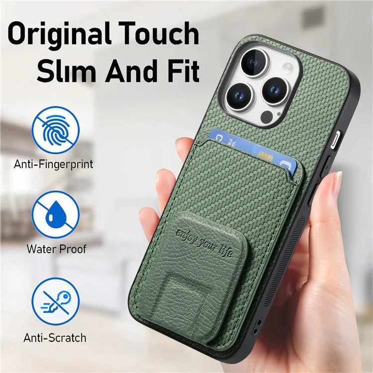 C1-11 for iPhone 16 Pro Max Case Card Holder Carbon Fiber Texture Leather Coated TPU Phone Cover