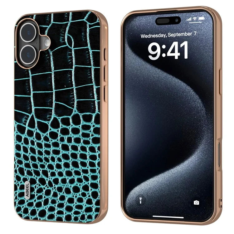 ABEEL For iPhone 16 Case Electroplating Edge Crocodile Texture Genuine Cow Leather Back Phone Cover