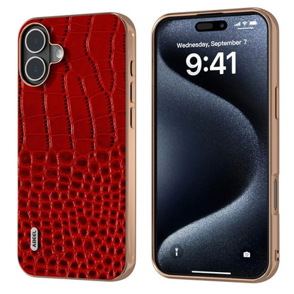 ABEEL For iPhone 16 Case Electroplating Edge Crocodile Texture Genuine Cow Leather Back Phone Cover