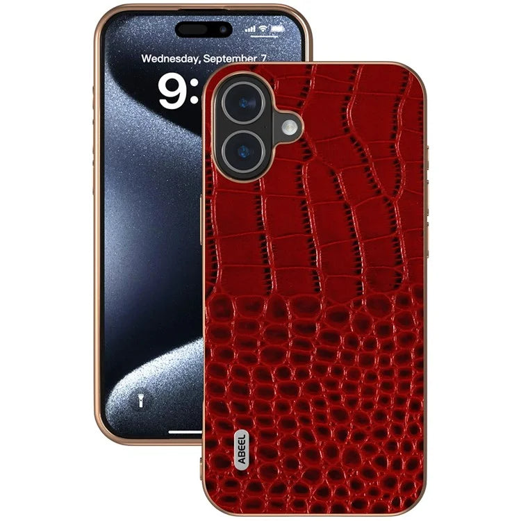 ABEEL For iPhone 16 Case Electroplating Edge Crocodile Texture Genuine Cow Leather Back Phone Cover