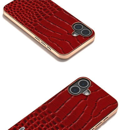 ABEEL For iPhone 16 Case Electroplating Edge Crocodile Texture Genuine Cow Leather Back Phone Cover