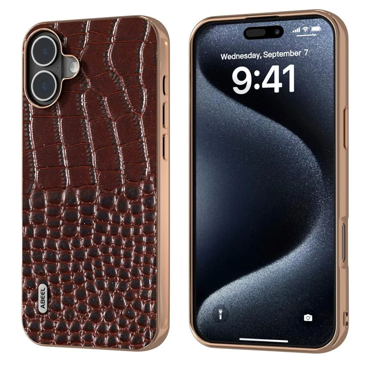 ABEEL For iPhone 16 Case Electroplating Edge Crocodile Texture Genuine Cow Leather Back Phone Cover
