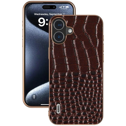 ABEEL For iPhone 16 Case Electroplating Edge Crocodile Texture Genuine Cow Leather Back Phone Cover
