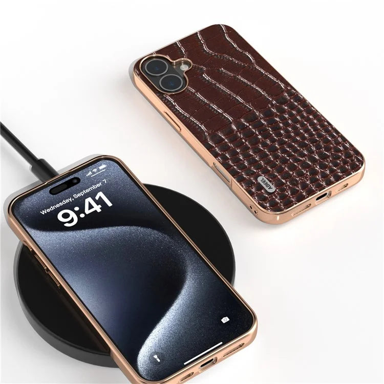 ABEEL For iPhone 16 Case Electroplating Edge Crocodile Texture Genuine Cow Leather Back Phone Cover