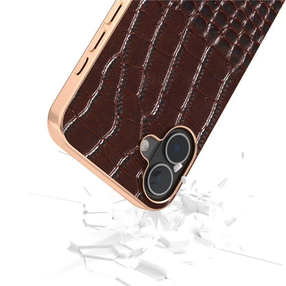 ABEEL For iPhone 16 Case Electroplating Edge Crocodile Texture Genuine Cow Leather Back Phone Cover
