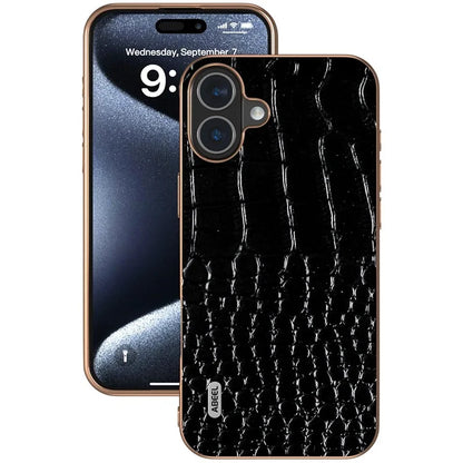 ABEEL For iPhone 16 Case Electroplating Edge Crocodile Texture Genuine Cow Leather Back Phone Cover