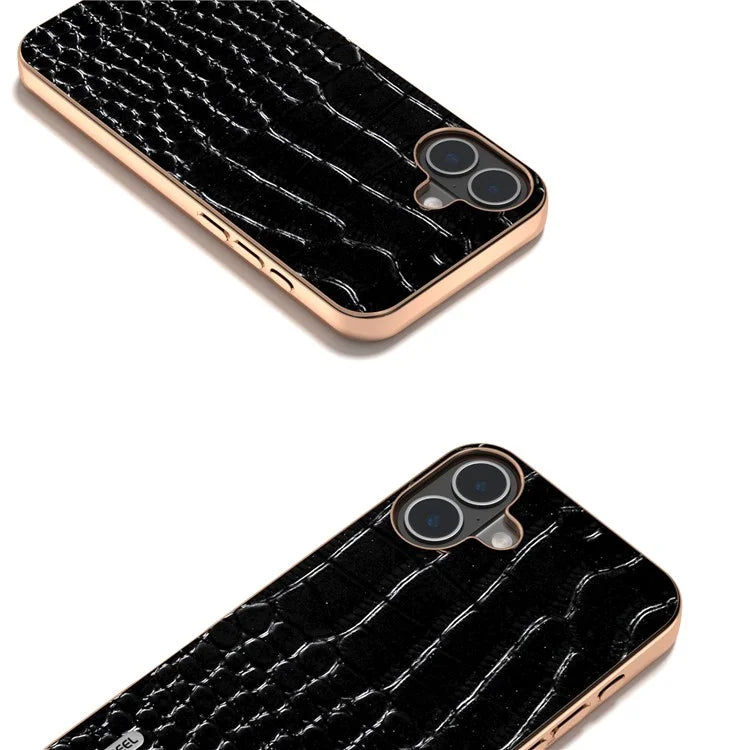 ABEEL For iPhone 16 Case Electroplating Edge Crocodile Texture Genuine Cow Leather Back Phone Cover