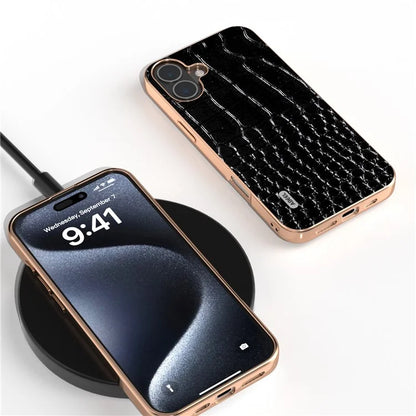 ABEEL For iPhone 16 Case Electroplating Edge Crocodile Texture Genuine Cow Leather Back Phone Cover