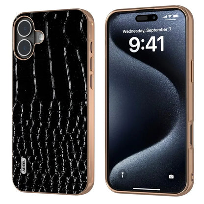 ABEEL For iPhone 16 Plus Case Electroplating Edge Crocodile Texture Genuine Cow Leather Back Phone Cover