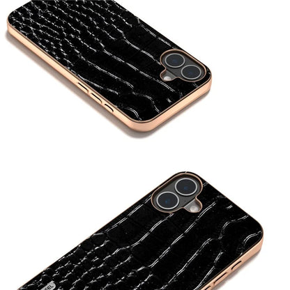 ABEEL For iPhone 16 Plus Case Electroplating Edge Crocodile Texture Genuine Cow Leather Back Phone Cover