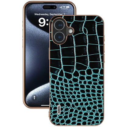 ABEEL For iPhone 16 Plus Case Electroplating Edge Crocodile Texture Genuine Cow Leather Back Phone Cover