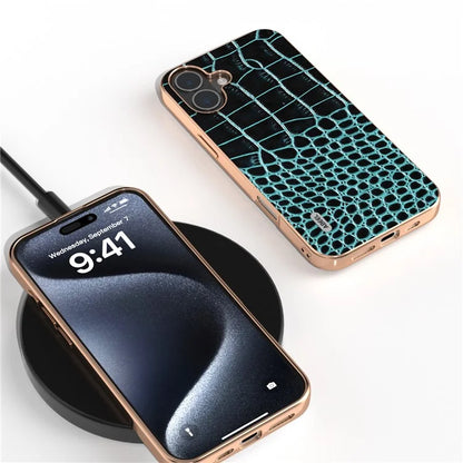 ABEEL For iPhone 16 Plus Case Electroplating Edge Crocodile Texture Genuine Cow Leather Back Phone Cover