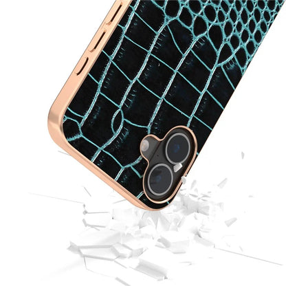 ABEEL For iPhone 16 Plus Case Electroplating Edge Crocodile Texture Genuine Cow Leather Back Phone Cover