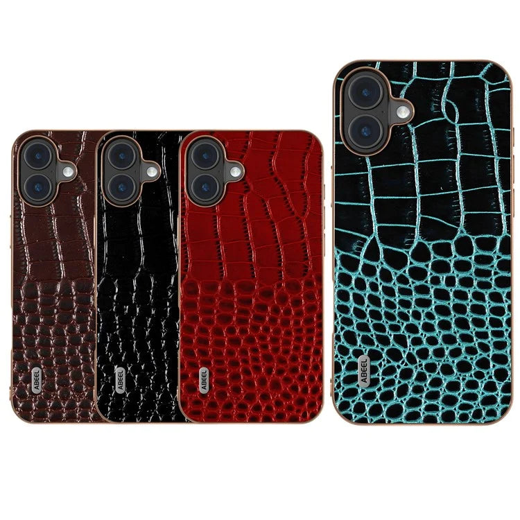 ABEEL For iPhone 16 Plus Case Electroplating Edge Crocodile Texture Genuine Cow Leather Back Phone Cover