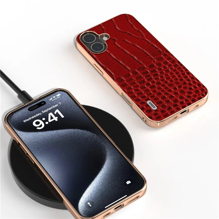 ABEEL For iPhone 16 Plus Case Electroplating Edge Crocodile Texture Genuine Cow Leather Back Phone Cover