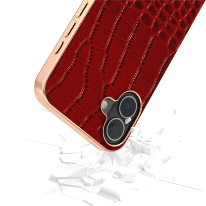 ABEEL For iPhone 16 Plus Case Electroplating Edge Crocodile Texture Genuine Cow Leather Back Phone Cover