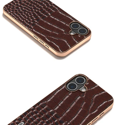 ABEEL For iPhone 16 Plus Case Electroplating Edge Crocodile Texture Genuine Cow Leather Back Phone Cover