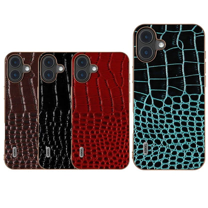 ABEEL For iPhone 16 Plus Case Electroplating Edge Crocodile Texture Genuine Cow Leather Back Phone Cover