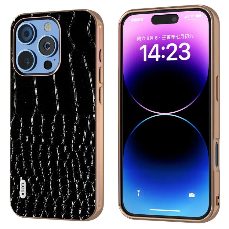 ABEEL For iPhone 16 Pro Max Case Electroplating Edge Crocodile Texture Genuine Cow Leather Back Phone Cover