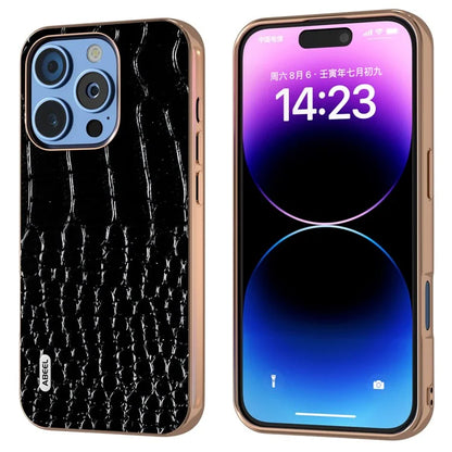 ABEEL For iPhone 16 Pro Max Case Electroplating Edge Crocodile Texture Genuine Cow Leather Back Phone Cover