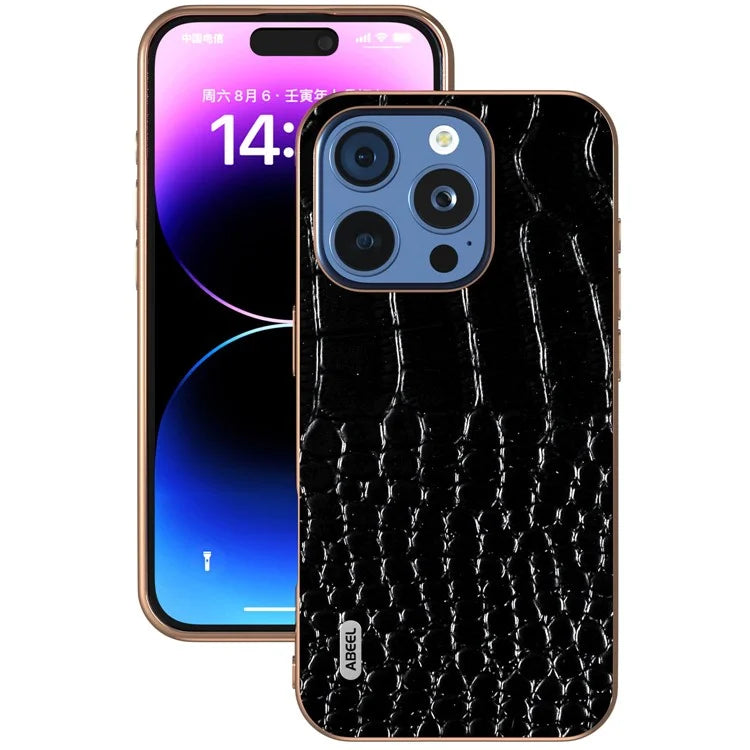 ABEEL For iPhone 16 Pro Max Case Electroplating Edge Crocodile Texture Genuine Cow Leather Back Phone Cover