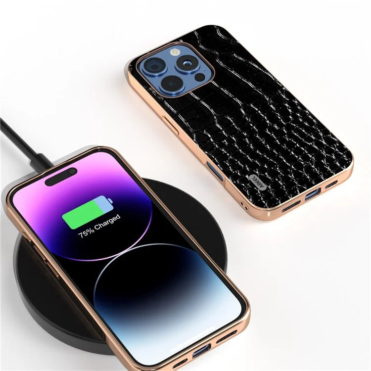 ABEEL For iPhone 16 Pro Max Case Electroplating Edge Crocodile Texture Genuine Cow Leather Back Phone Cover
