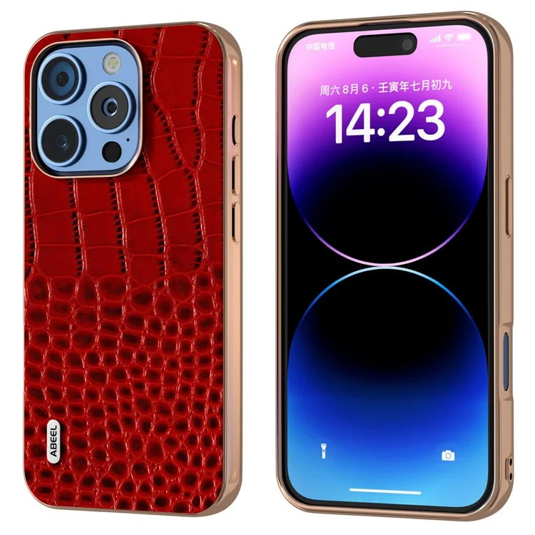 ABEEL For iPhone 16 Pro Max Case Electroplating Edge Crocodile Texture Genuine Cow Leather Back Phone Cover