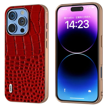 ABEEL For iPhone 16 Pro Max Case Electroplating Edge Crocodile Texture Genuine Cow Leather Back Phone Cover