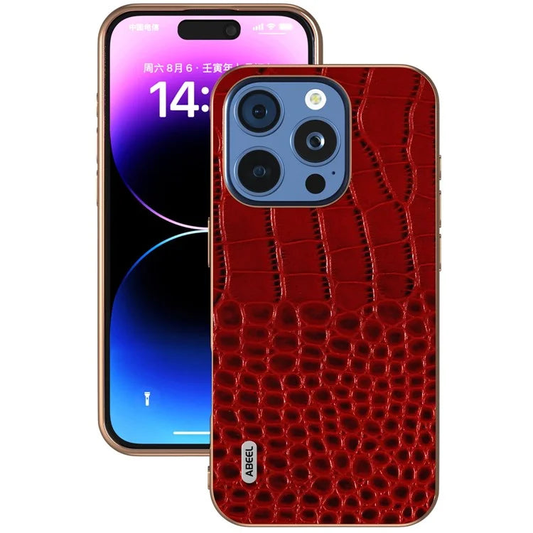 ABEEL For iPhone 16 Pro Max Case Electroplating Edge Crocodile Texture Genuine Cow Leather Back Phone Cover
