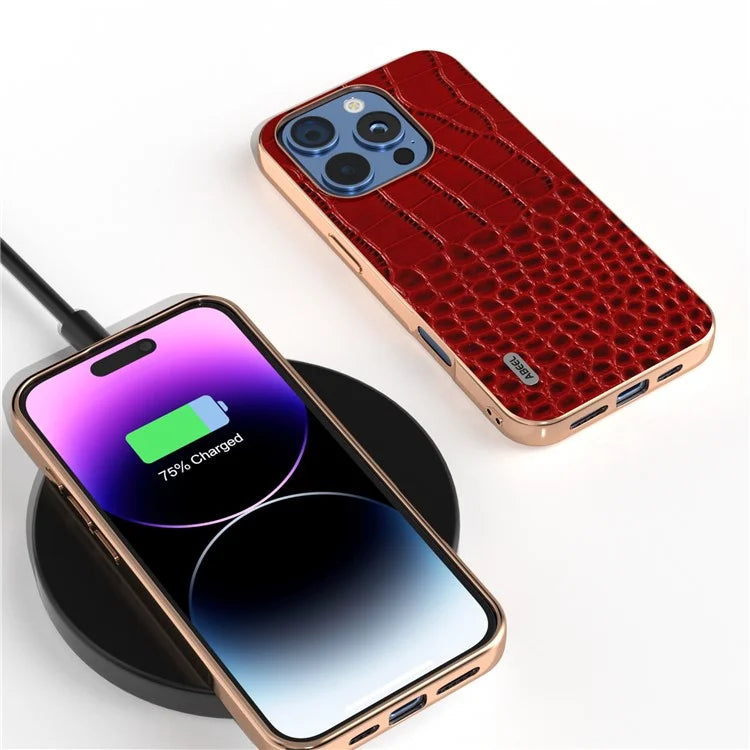 ABEEL For iPhone 16 Pro Max Case Electroplating Edge Crocodile Texture Genuine Cow Leather Back Phone Cover