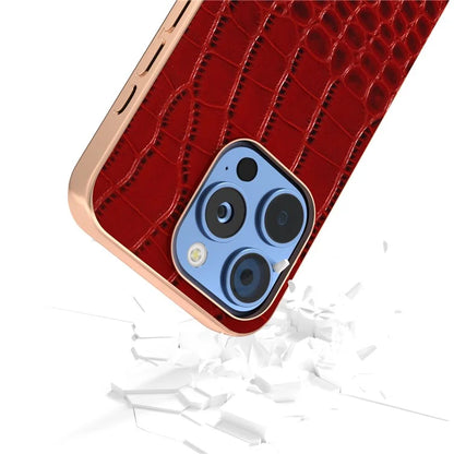 ABEEL For iPhone 16 Pro Max Case Electroplating Edge Crocodile Texture Genuine Cow Leather Back Phone Cover