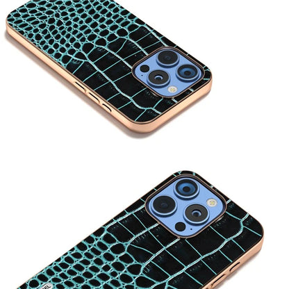 ABEEL For iPhone 16 Pro Max Case Electroplating Edge Crocodile Texture Genuine Cow Leather Back Phone Cover