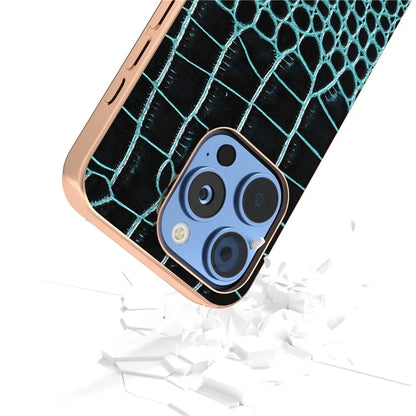 ABEEL For iPhone 16 Pro Max Case Electroplating Edge Crocodile Texture Genuine Cow Leather Back Phone Cover