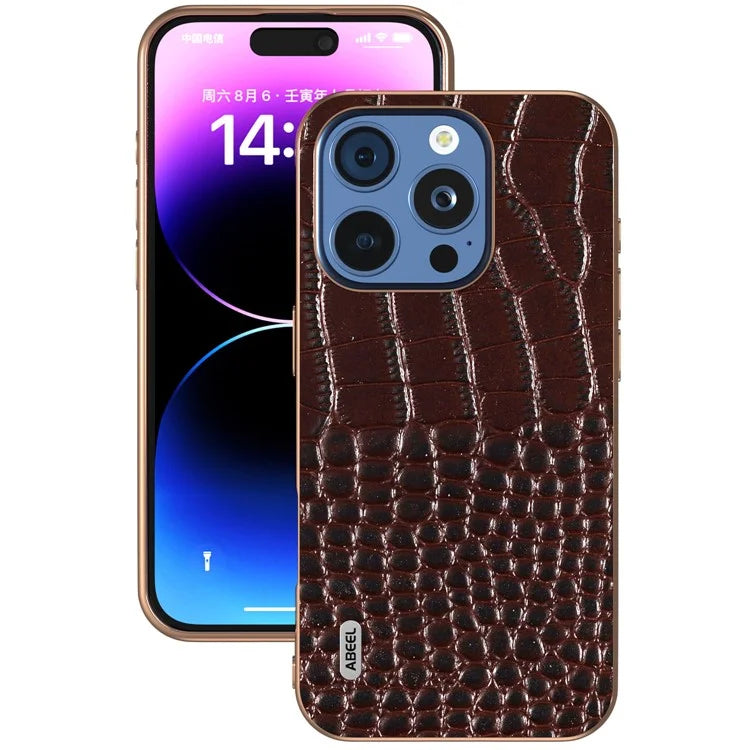 ABEEL For iPhone 16 Pro Max Case Electroplating Edge Crocodile Texture Genuine Cow Leather Back Phone Cover