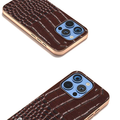 ABEEL For iPhone 16 Pro Max Case Electroplating Edge Crocodile Texture Genuine Cow Leather Back Phone Cover
