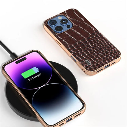 ABEEL For iPhone 16 Pro Max Case Electroplating Edge Crocodile Texture Genuine Cow Leather Back Phone Cover