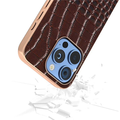 ABEEL For iPhone 16 Pro Max Case Electroplating Edge Crocodile Texture Genuine Cow Leather Back Phone Cover