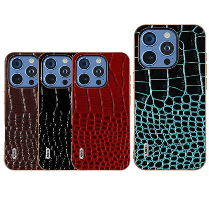 ABEEL For iPhone 16 Pro Max Case Electroplating Edge Crocodile Texture Genuine Cow Leather Back Phone Cover