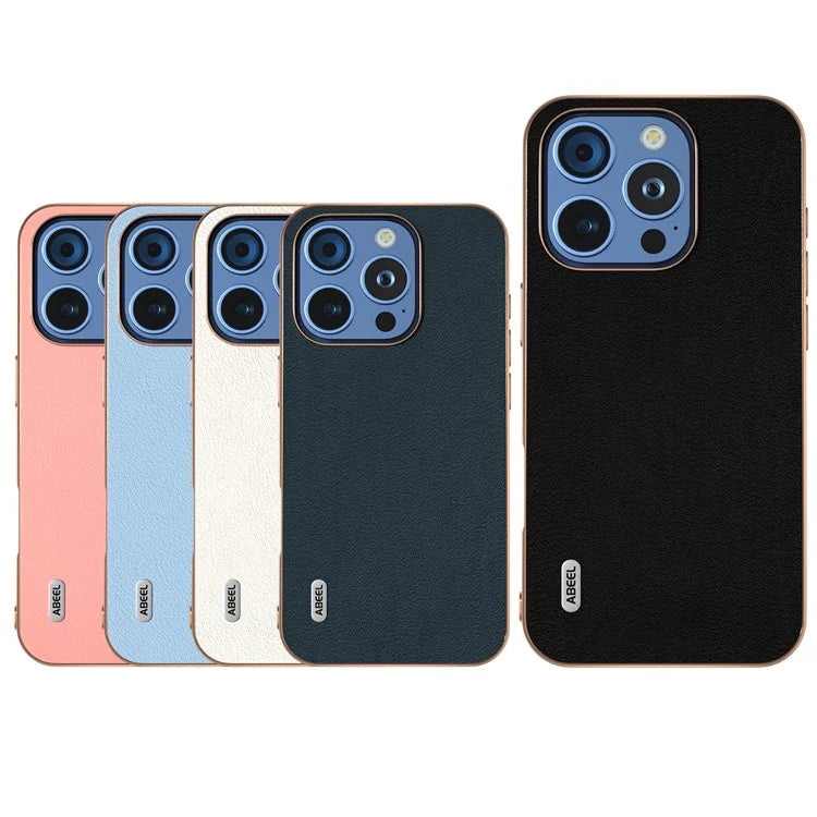 ABEEL For iPhone 16 Pro Max Case Electroplating Edge Genuine Cow Leather+PC+TPU Phone Cover