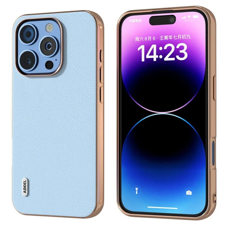 ABEEL For iPhone 16 Pro Max Case Electroplating Edge Genuine Cow Leather+PC+TPU Phone Cover