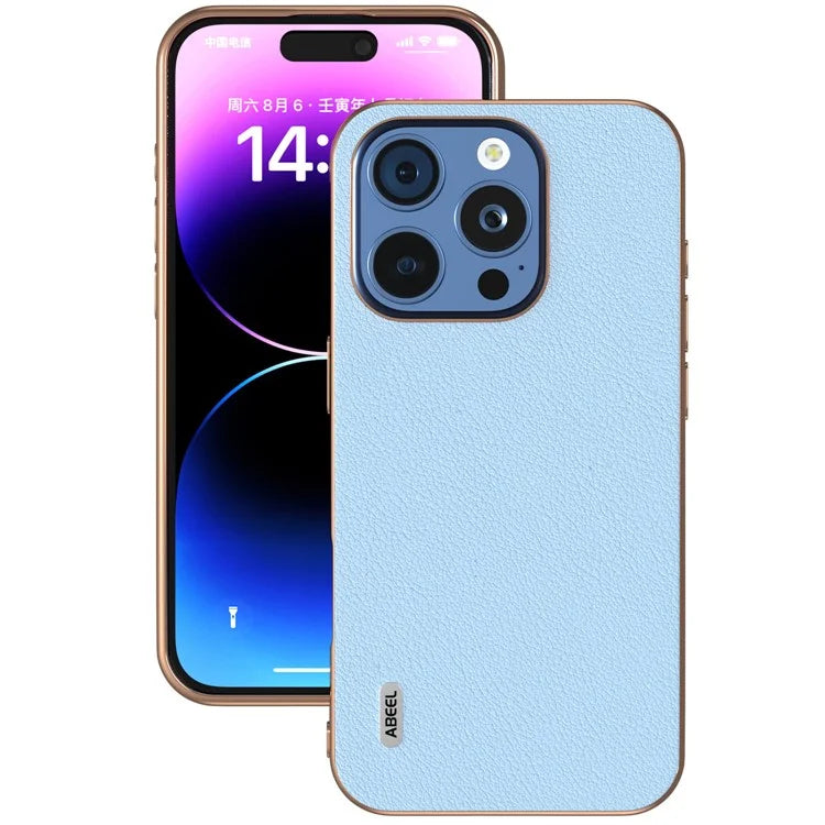 ABEEL For iPhone 16 Pro Max Case Electroplating Edge Genuine Cow Leather+PC+TPU Phone Cover
