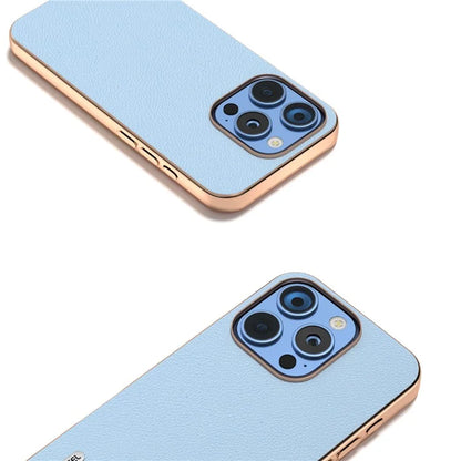 ABEEL For iPhone 16 Pro Max Case Electroplating Edge Genuine Cow Leather+PC+TPU Phone Cover