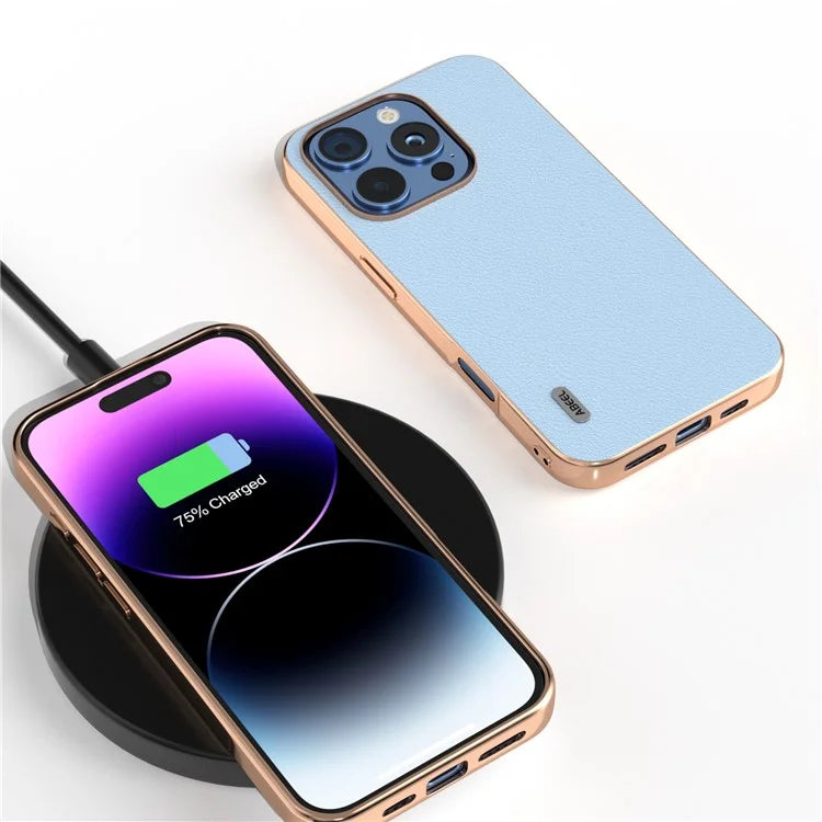 ABEEL For iPhone 16 Pro Max Case Electroplating Edge Genuine Cow Leather+PC+TPU Phone Cover