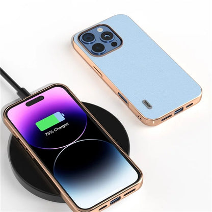 ABEEL For iPhone 16 Pro Max Case Electroplating Edge Genuine Cow Leather+PC+TPU Phone Cover