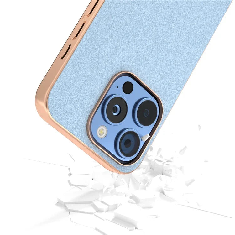 ABEEL For iPhone 16 Pro Max Case Electroplating Edge Genuine Cow Leather+PC+TPU Phone Cover